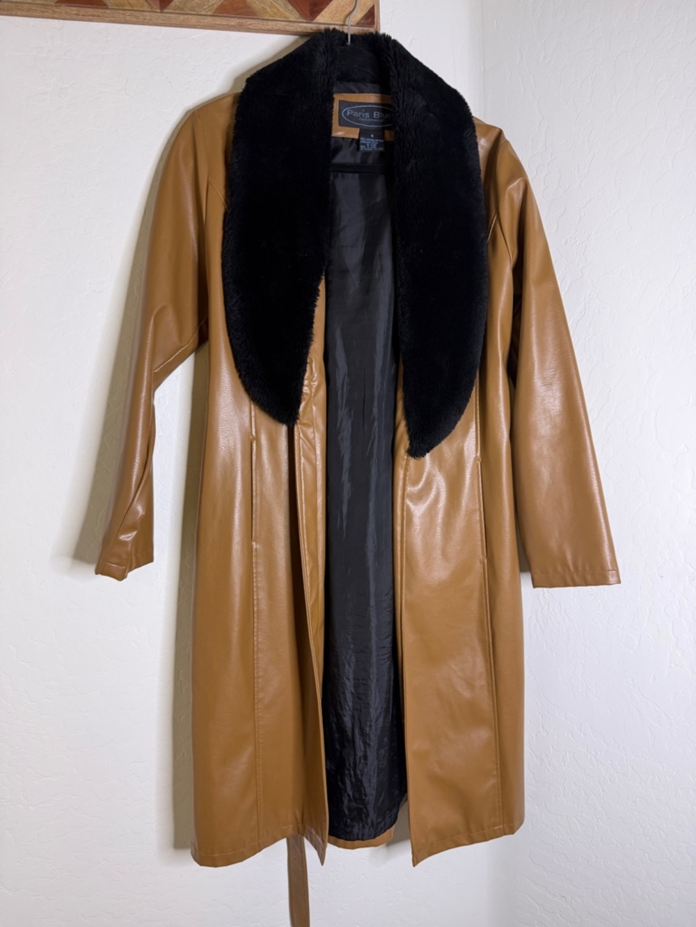 Vintage Paris Blues Faux Penny Lane Coat with Black Faux Fur Collar - S Y2K